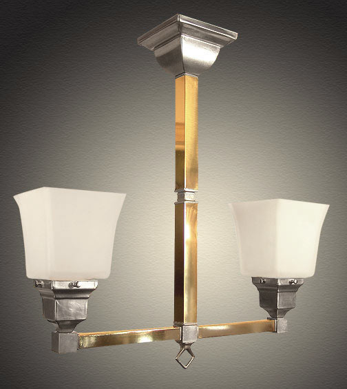 Model NSH12 Mission Style Short Fixture with Square Tubing and Glass Shades.